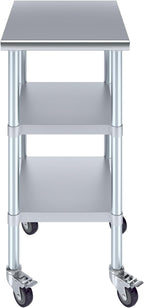 AmGood Stainless Steel Work Table with 2 Shelves and Casters | Metal Utility Table On Wheels (Stainless Steel Work Table with 2 Shelves + Casters, 18" Long x 24" Deep)