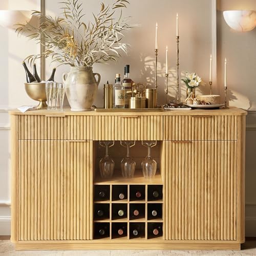 win2win 59" Fluted Sideboard, Wine Bar Cabinet with Faux Marble Top, Oak