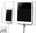 Clear Wall Tablet Holder Acrylic Wall Mounted Phone Holder for iPad, Remote Control Holder Laptop Stand for eReader Storage Caddy with Charging Holes for Kindle iPhone
