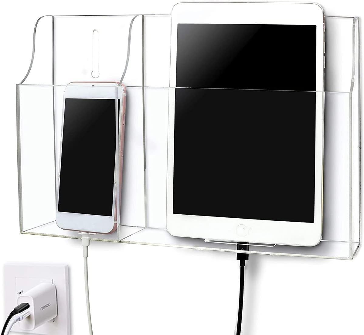 Clear Wall Tablet Holder Acrylic Wall Mounted Phone Holder for iPad, Remote Control Holder Laptop Stand for eReader Storage Caddy with Charging Holes for Kindle iPhone