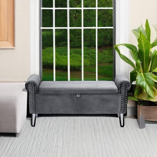 Storage Bench for Bedroom- Grey Velvet Bench with Storage 47" | Featurin...