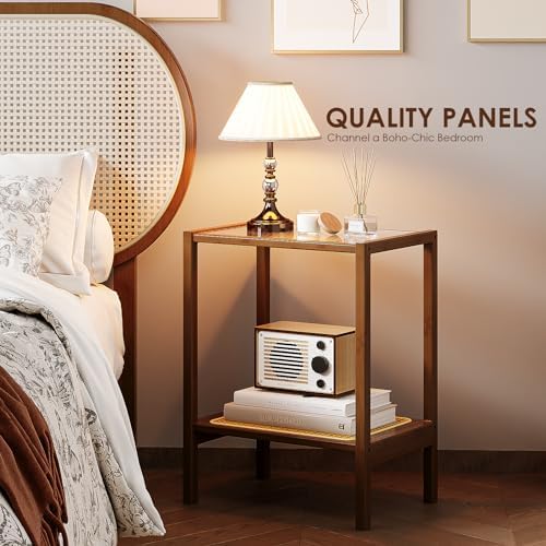 Bamworld Rattan Side Table Boho End Table 2-Tier with Storage Living Room
