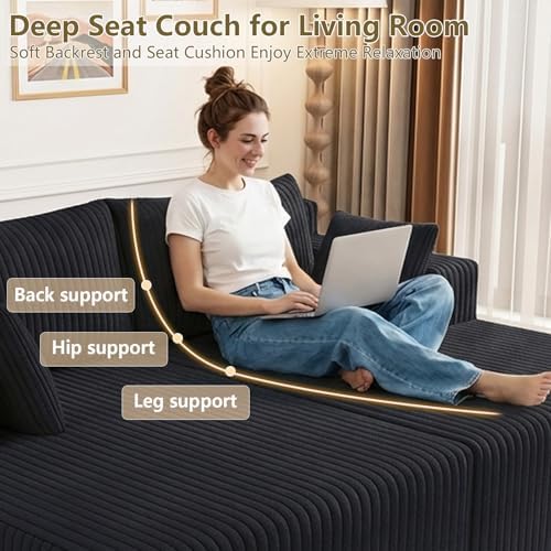 71" Oversized Double Chaise Lounges Indoor, Upholstered Corduroy Oversized Chaise Lounge Chair, Modern Sleeper Loveseat Chair Boneless Cloud Couch for Living Room Bedroom Reading (Black)