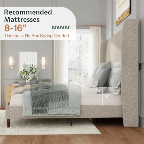 Jocisland King Bed Frame Linen Upholstered Wingback Headboard, Brown