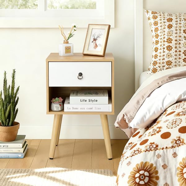Mid-Century Modern Nightstand with Drawer and Open Shelf, Bedside Table with ...
