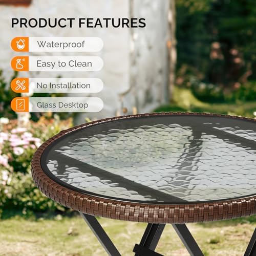 VINGLI 23.6in Modern Brown Rattan Folding Glass Outdoor Side Table, Small Pat...