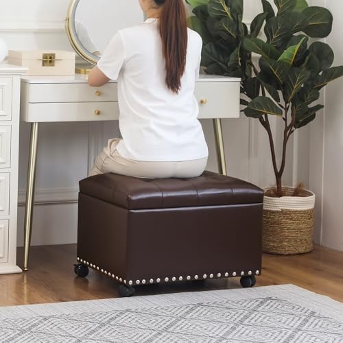 Joveco Leather Storage Ottoman with 360° Caster Wheels 24" Foot Rest Ben...