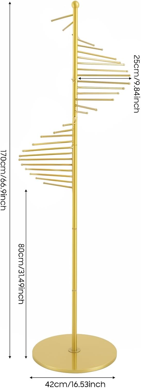 Scarf Organizer, 67" Freestanding Scarf Display Rack 30 Tiers Metal Spiral Scarf Holder Hijab Organizer Stand Belt Pants Hanger Space Saving Shelves for Clothing Store Home (Gold)