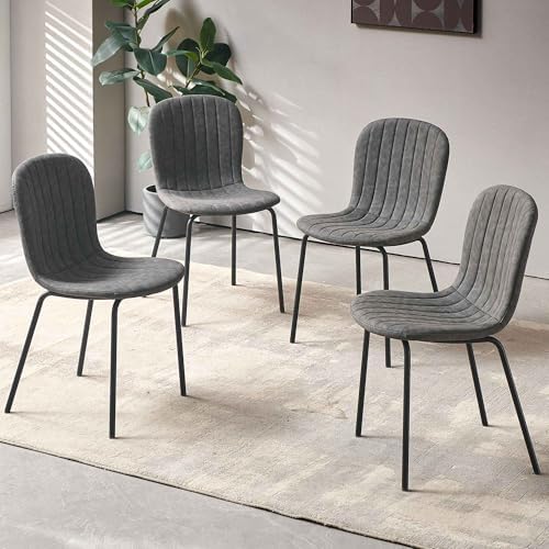 Dining Chair Set of 4, PU Leather Kitchen Chairs, Dark Grey | Black Metal Leg...