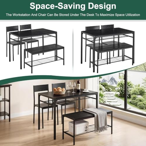 VECELO Kitchen Dining Room Table with 2 Chairs & Bench, Compact Space-Sav...