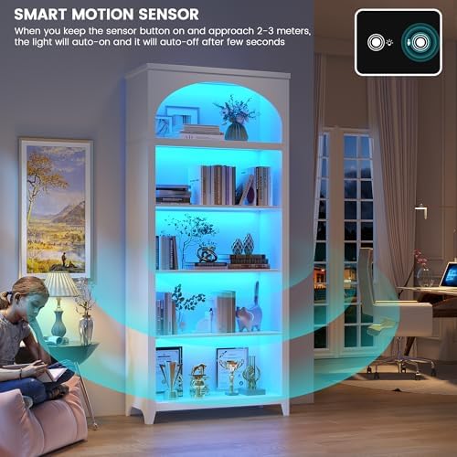Arched Bookshelf with LED Lights, 70" White Bookcase for Bedroom