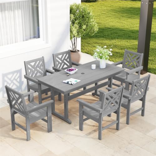 HDPE Outdoor Dining Set for 6,Patio Dining Set with Umbrella Hole,Weather Saf...