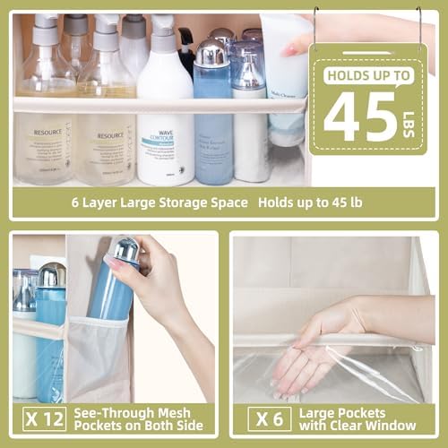 Over Door Organizer with 6 Extra Large Pockets 12 Side Pockets, 2-Pack Sturdy Closet Rack, Hanging Storage Organizer with Clear Window for Shoes, Diapers, Bedroom, Bathroom, Beige