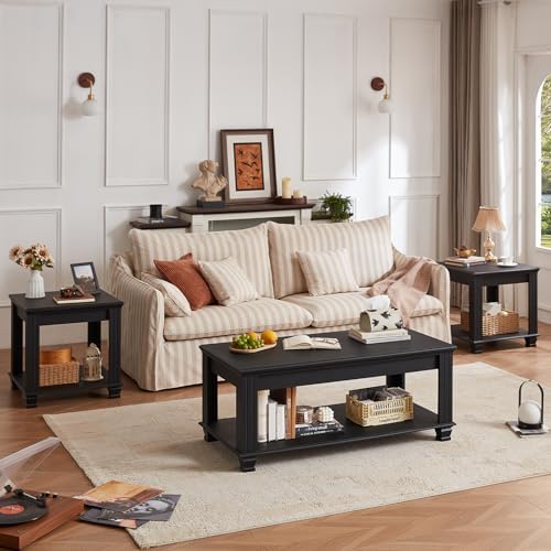 SAVOR LIFE Farmhouse Coffee Table Set of 3, Black | Rustic Wood 3 Piece Coffe...