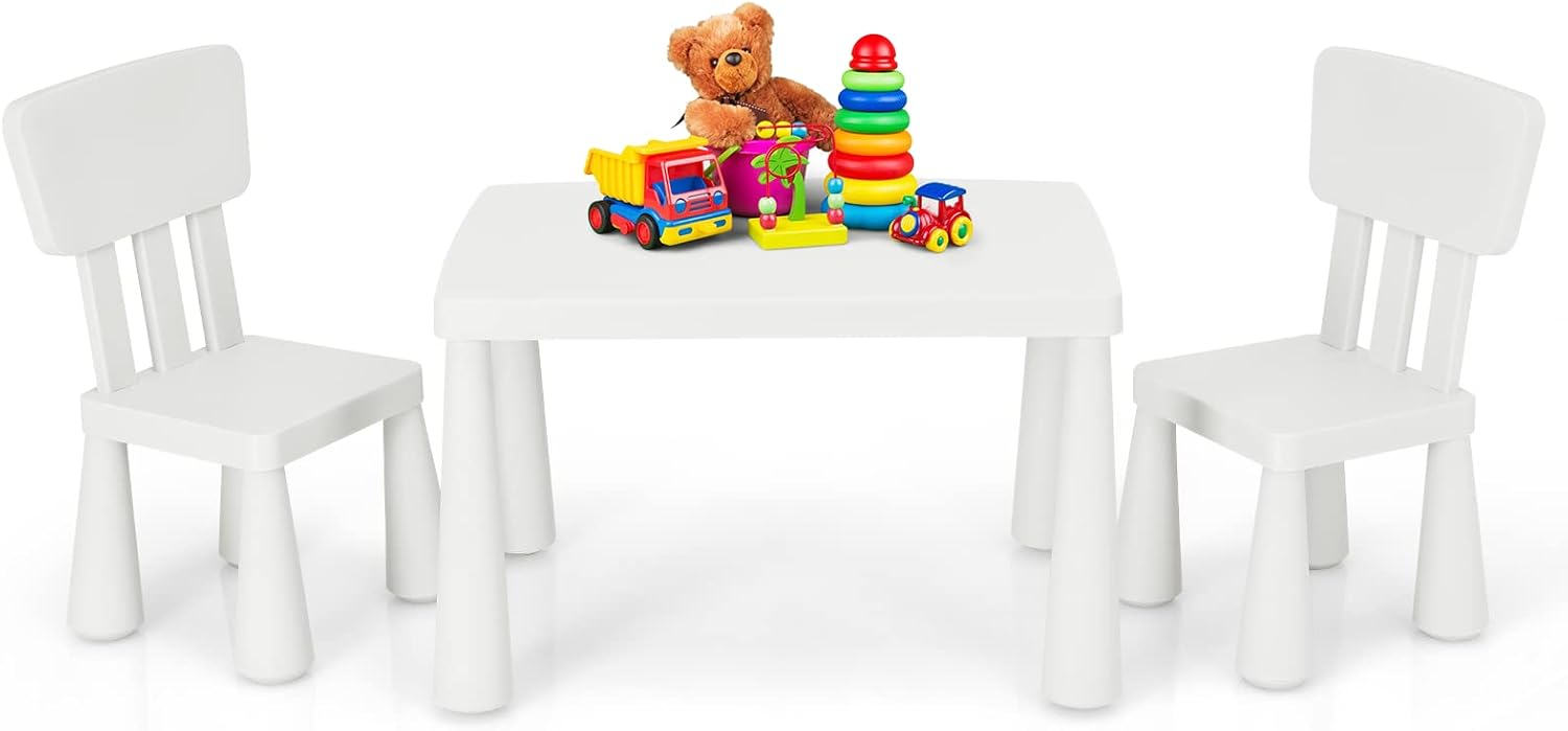 HONEY JOY Kids Table and Chair Set, Plastic Children Activity Table and 2 Chairs for Art Craft, Easy-Clean Tabletop, 3-Piece Toddler Furniture Set for Daycare Playroom, Gift for Boys Girls(White)
