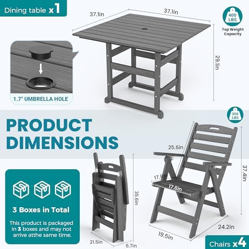 Dining Table Set, 5-Piece HDPE Outdoor Dining Set for 4, Grey