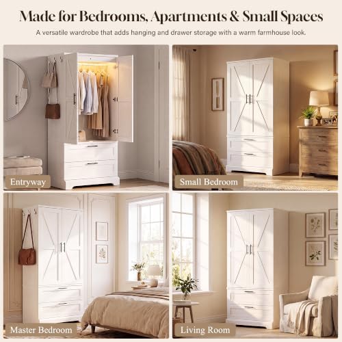 YESHOMY 70.9" Wooden Armoire Wardrobe Closet with Sensor Light(White)