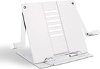 Metal Desk Book Stand for Reading with Adjustable Clips, Hands-Free Foldable Book Holder for Kids, Portable Document Stand for Desk, Display Stand for Recipes, Cookbooks, Tablets - White