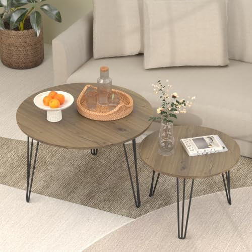 Round Nesting Coffee Tables Set of 2, Marble Grain Top Modern Side Tables | M...