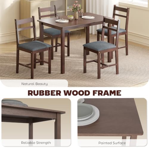 HOMCOM 5-Piece Solid Wood Dining Table Set for 4, Walnut and Gray