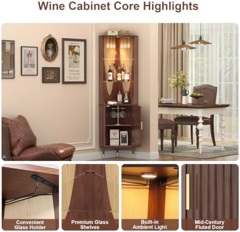 JOINICE Tall Corner Bar Cabinet for Liquor,Mid-Century Modern,Walnut,70"