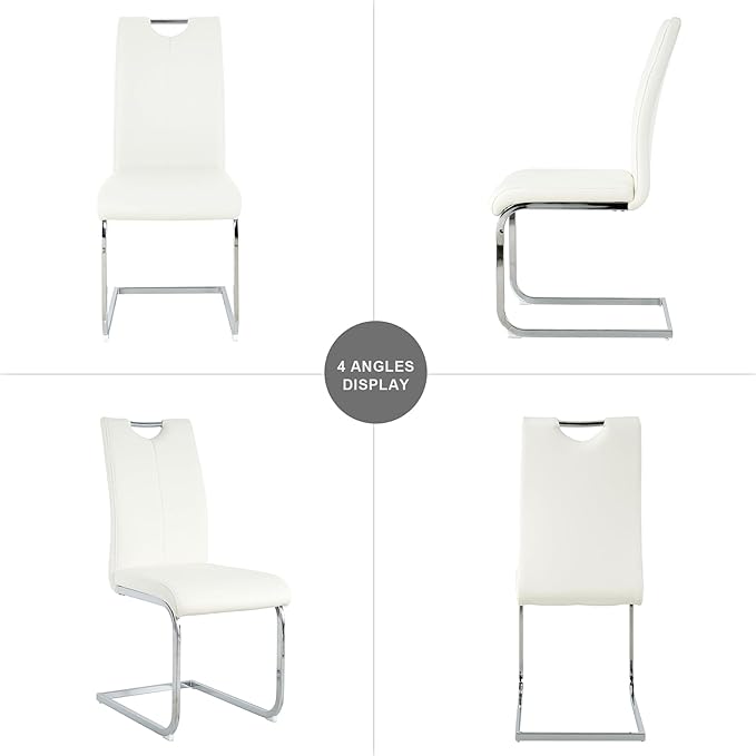 Goujxcy Dining Chairs Set of 4, Modern High Back Kitchen Chairs with Metal Legs and Faux Leather Padded Seat Upholstered Dining Chairs for Dining & Kitchen,Living Room (White&Silver, Set of 4)