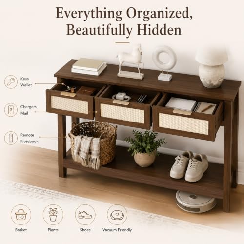 Luoxiao Console Table for Entryway with 3 Rattan Drawers Storage Open Shelf |...