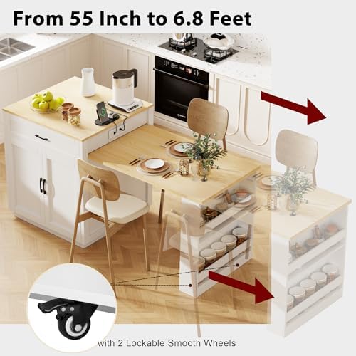 82.7" Kitchen Island with Extendable Dining Table, Faux Mable Table with Double-Sized Storage, Power Outlet, 2 Drawers, 2 Side Open Shelves for 4-6 Kitchen, Dining Room, White