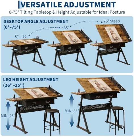 Garvee Height Adjustable Drafting Table, 0-75°Tilting Drawing Desk