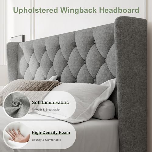 Feonase Queen Bed Frame with Upholstered Wingback Headboard, Platform Bed and...