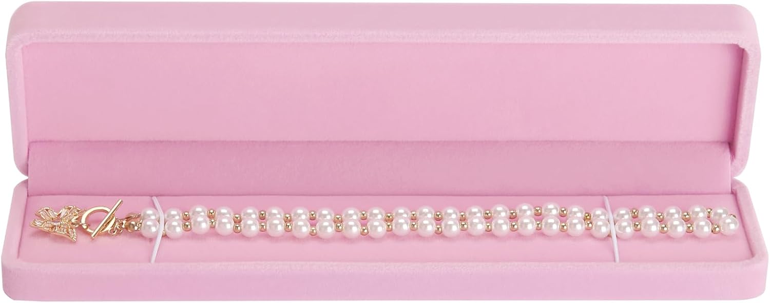 LETURE 4 Pieces Velvet Bracelet Necklace Pendant Jewelry Box, Small Long Jewelry Watch Gift Box for Proposal, Wedding, Engagement, Christmas (Pink-4PCS)
