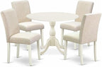East West Furniture DMAB5-LWH-02 5 Piece Dining Table Set for 4 Includes a Round Kitchen Table with Dropleaf and 4 Light Beige Linen Fabric Parson Dining Chairs, 42x42 Inch, Linen White
