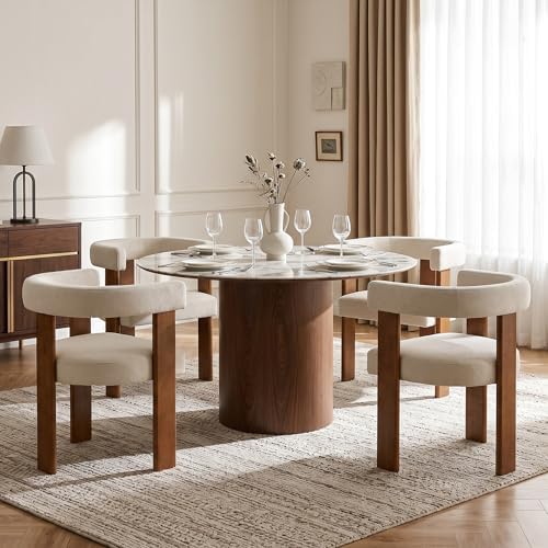 Usaint Wooden Barrel Dining Chairs Set of 4 with Walnut Wood Legs and Arm