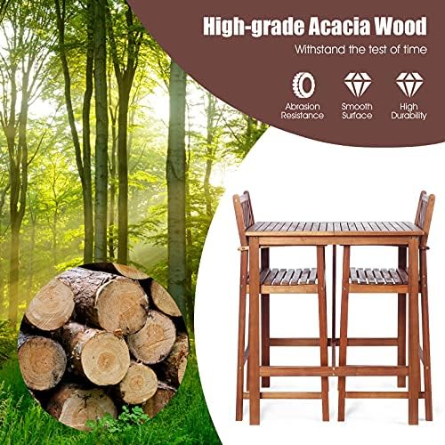 COSTWAY 3PCS Bar Table Set, Outdoor Acacia Wood Dining Set