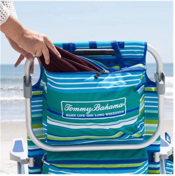 Tommy Bahama 5 Position Beach Chair, Zippered Insulated Cargo Pouch, Cup and Cell Phone Holders, Towel Bar, Pillow for Extra Comfort, Heavy-Duty Weight Capacity, 2-Pack (Aqua Stripes)