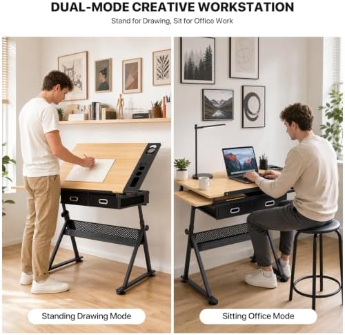 Athena Collection Wooden Drafting Table W/Stool, Tilting Art Desk, Natural