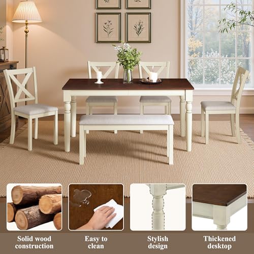 LUXOAK 6 Piece Solid Wood Dining Table Set with 60" Farmhouse Table