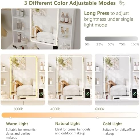 Small Vanity Desk with Mirror and Lights, Makeup Vanity with LED Lights, Whit...