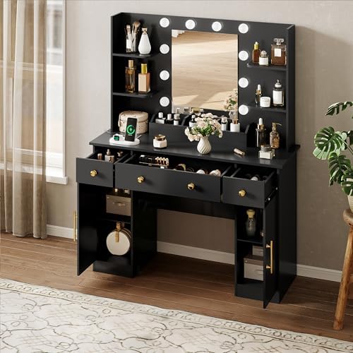 HUANLEGO Vanity Desk with Mirror and Lights, Makeup Vanity with Mirror and LE...