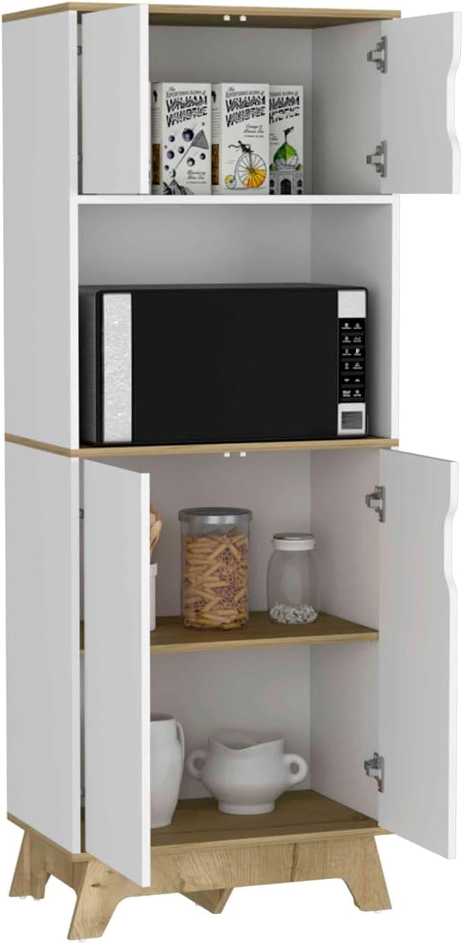 Pamplona Microwave Tall Cabinet - Light Oak & White Finish for Kitchen St...