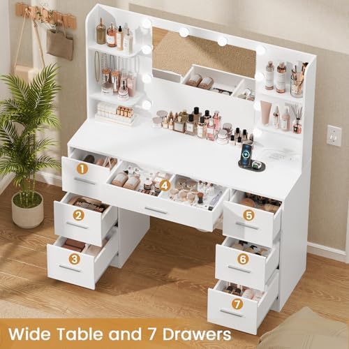 Quimoo Large Vanity Desk with LED Lighted Mirror & Power Outlet,Makeup Va...