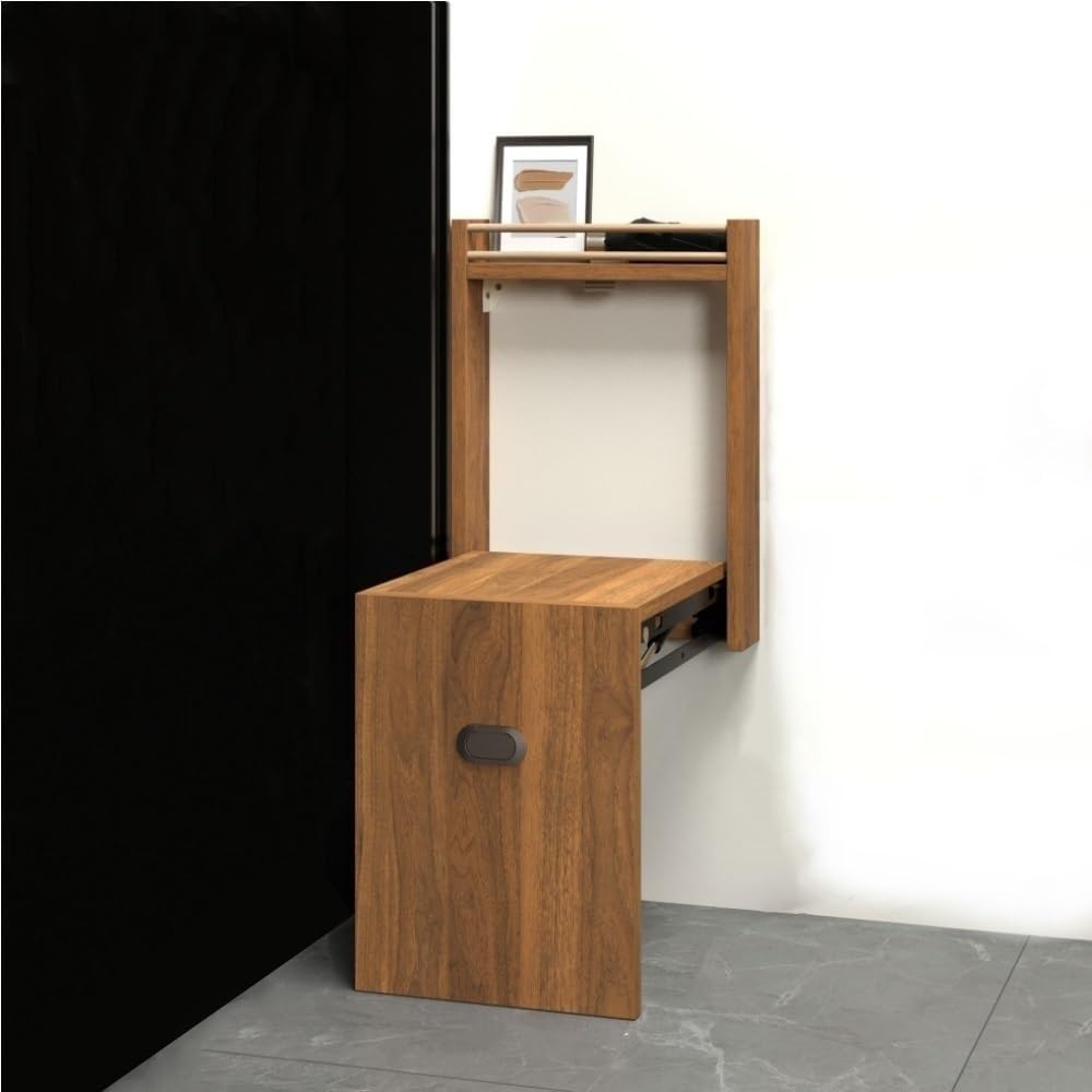 Wall Mounted Folding Chair, Hidden Shoe-Changing Stool, Wood Foldable Shoe Bench, Space Saving Bathroom Seating for Entryway, Hallway(Brown)