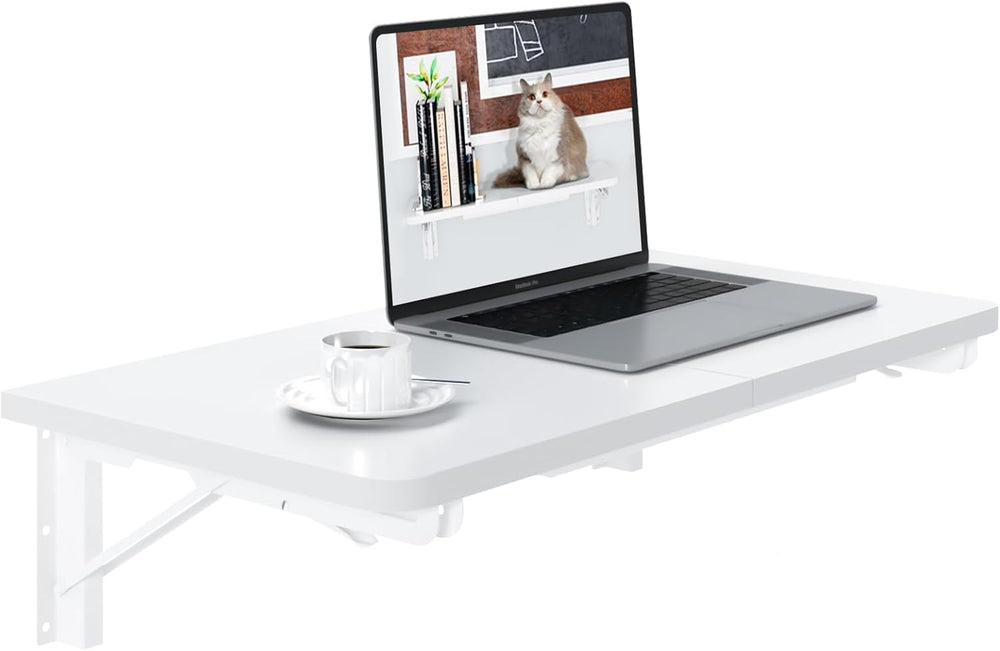 TEAMIX Wall Mounted Desk, White Folding Desk for Small Spaces Floating Shelf ...
