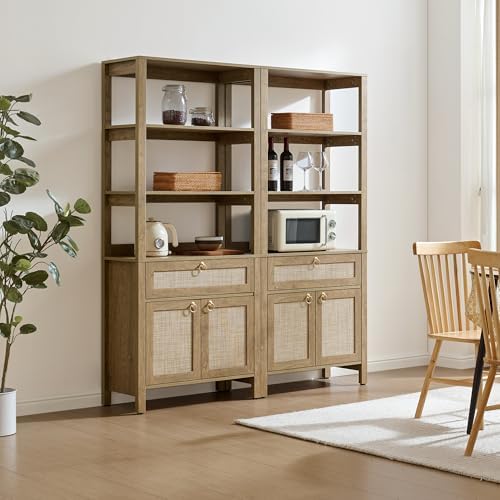 SICOTAS 68.5" Tall Boho Rattan Bookshelf with Single Drawer & Storag...