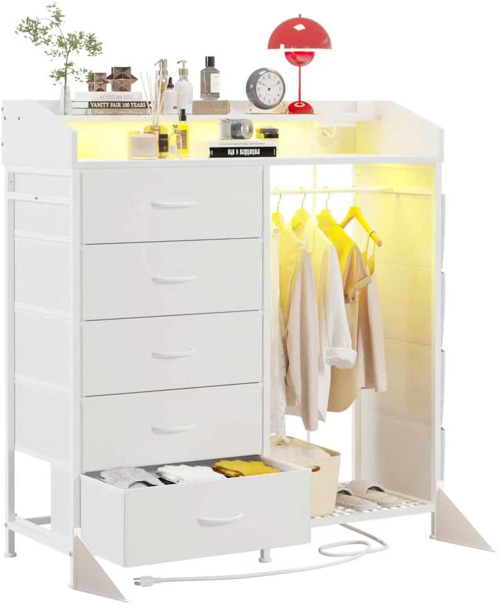 LUMTOK Modern 5 Dresser with LED Hanging Rack, Dresser with Clothes Rack, Hanger Rack, and Storage Drawers, Drawer Dressers with Coat Racks for Bedroom Living Room, Entryway, Closets (White)