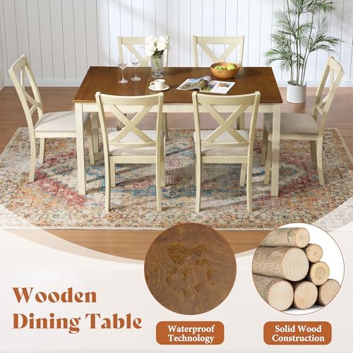 AMERLIFE 7-Piece Farmhouse Solid Wood Dining Table Set for 6, Rustic Cream | ...