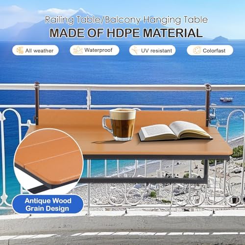 HDPE 39.3" Outdoor Folding Balcony Bar Table for Railings, Teak