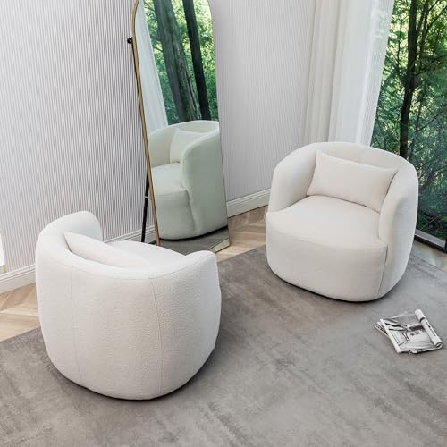 KINWELL 34" W Boucle Swivel Barrel Chairs with Pillow Set of 2, Beige