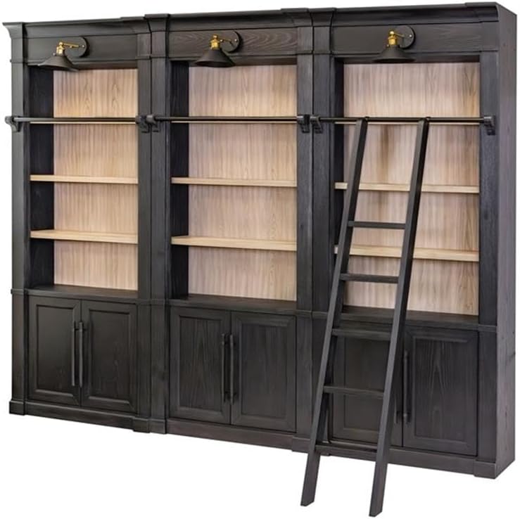 Pemberly Row Decorative Solid Wood Library Ladder, 75.5 in Tall, Black Finish, Metal Hooks, Refreshed Traditional Style, Versatile Home Office or Living Room Accent