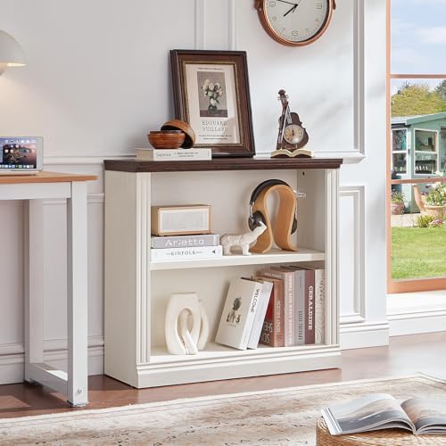 RWYHG 30" White Small Bookcase, 2 Tier Farmhouse Wooden Short Book Shelf